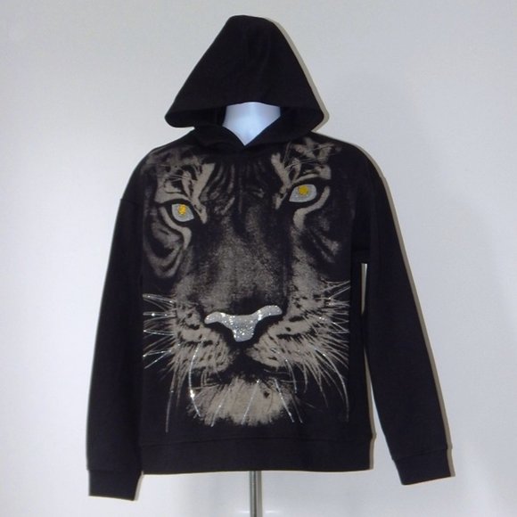 NEW HEADS OR TAILS Rhinestone Tiger Face HOODIE PULLOVER SWEATSHIRT Black Large - Picture 1 of 8